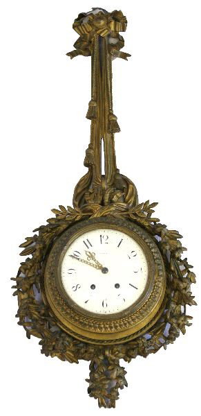 TIFFANY & CO LOUIS XVI STYLE GILT BRONZE WALL CLOC: 34 inch French made Tiffany & Co banjo style wall clock. Very good condition with dent to center and slight crazing to dial.