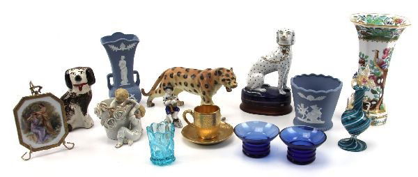 MIXED LOT OF PORCELAIN & GLASS ITEMS SPODE PICKARD: A good grouping of porcelain and glassware, including: an 8 inch Spode porcelain vase, a 4 inch Pickard demitasse plate and cup with stand, (2) 5 inch porcelain Staffordshire type dog figurines (one w