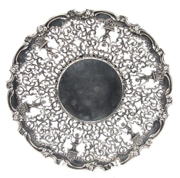 MAUSER MANUFACTURING COMPANY STERLING SILVER TRAY: A wonderfully reticulated high relief tray measuring 12 inches. Base stamped with Unicorn mark, "Sterling", "925-1000 fine" and "3215 D". Mauser was a N.Y.N.Y. company from 1887-1903 when it was absor