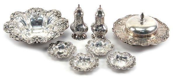 REED & BARTON FRANCIS I STERLING SERVING PIECES: Collection of Reed & Barton Francis I sterling silver serving pieces, including a pair of 4.25 inch salt and pepper shakers with monogram "HR", (4)3.25 inch salt dips, 8 inch bonbon bowl, and an 8 inc