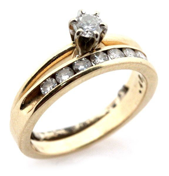 LADIES 14K YELLOW GOLD DIAMOND WEDDING SET: Ladies diamond solitaire with an approximately 0.375ct round brilliant cut diamond in a six-prong setting and ladies diamond wedding band with (7) round cut channel set diamonds totaling approximately