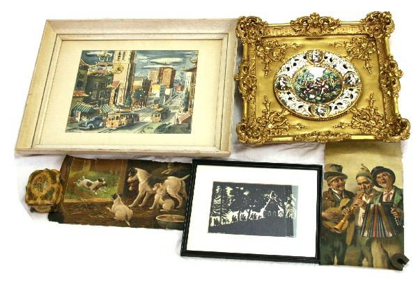 DEALERS LOT OF ART PIECES-CAPODIMONTE BITTNER: A mixed grouping of art pieces, to include: a scherenschnite by Hans Bittner entitled "Procession Up the Hill to Church" in a 13.5x11 inch frame (signed lower right), a 17x17 inch framed Capodimonte p
