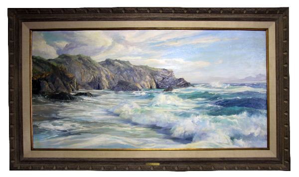 BENNETT BRADBURY PAINTING FROM PRIVATE COLLECTION: A very large oil on canvas (30x60 inches) by Bennett Schroeder Bradbury (American 1914-1991). Realist painting of South Point, Three Arch Bay (circa 1850) near Carmel, California (and so marked). In o