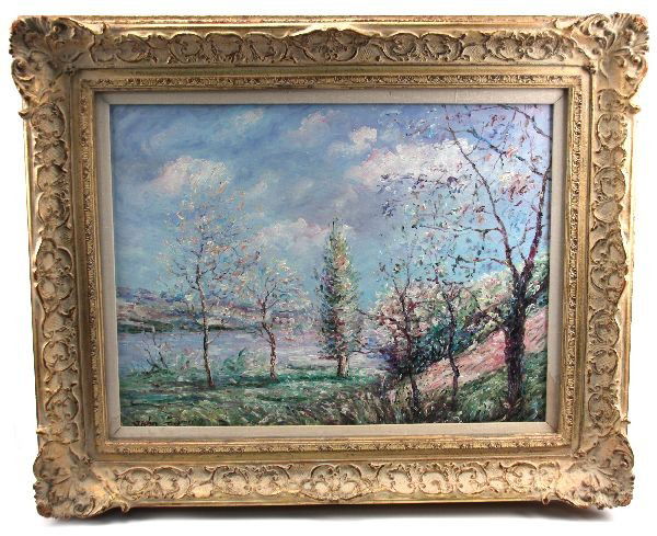 ORIGINAL OIL ON CANVAS BY JOHN FORD CLYMER: 32x27 inches framed. Image size 23x17 inches. Original oil on canvas by John Ford Clymer (American 1907-1989) depicting a springtime waterfront scene. Vibrant pastel tones. Very good condition with so
