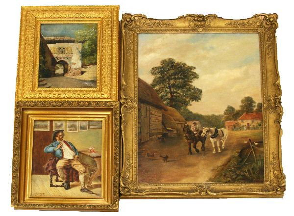 DEALERS LOT OF 3 ORIGINAL OIL ON CANVAS PAINTINGS: A 13x17 inch framed oil painting of an Italian style arch signed Isaac Harris in lower right; a 16x13 inch framed oil painting of a man smoking signed "H. Towers 1916" in lower left; a 20x28 inch oil 
