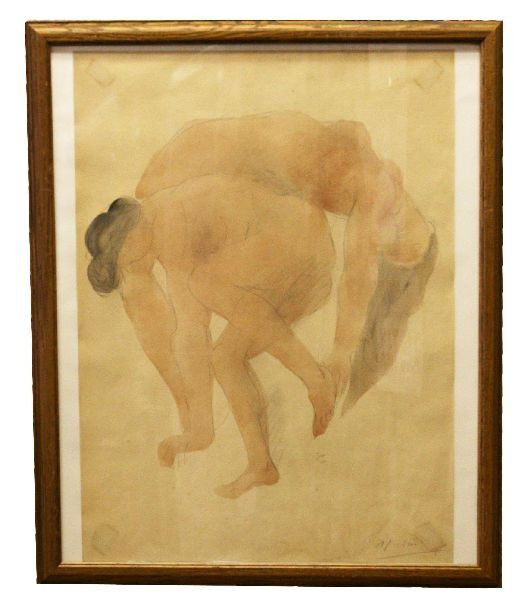 AUGUSTE RODIN ORIGINAL SIGNED NUDES WATERCOLOR: 29x24 framed. Image size 19.5x14 inches. Pencil and watercolors on paper. Study of two nudes by Auguste Rodin (French 1840-1917). Signed in pencil "A Rodin" in lower right. From a private estate colle