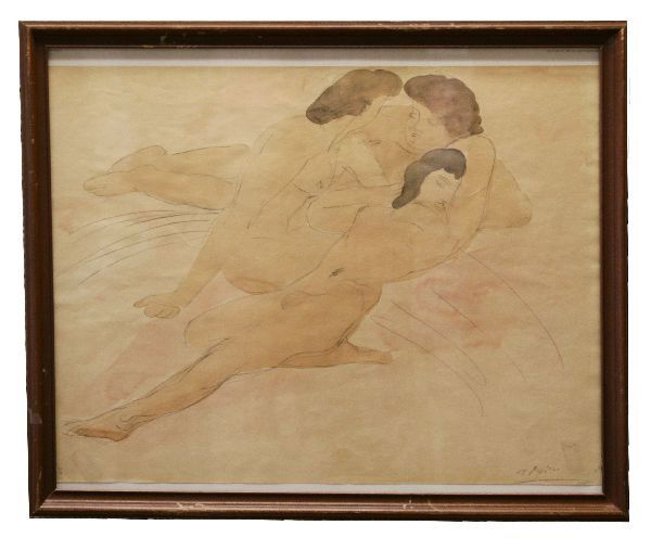 ORIGINAL WATERCOLOR BY AUGUSTE RODIN-THREE NUDES: 22x18 framed. Image size 19.5x14.5 inches. Pencil and watercolors on paper. Study of three nudes by Auguste Rodin (French 1840-1917). Signed in pencil "A Rodin" in lower right. From a private estate c