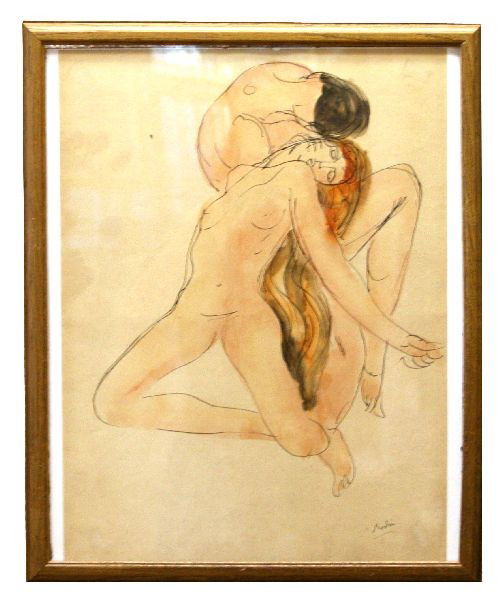 ORIGINAL WATER COLOR BY AUGUSTE RODIN-TWO NUDES: 22x18 framed. Image size 19.75x14.5 inches. Ink and watercolors on paper. Study of two nudes by Auguste Rodin (French 1840-1917). Signed in pencil "A Rodin" in lower right. From a private estate colle