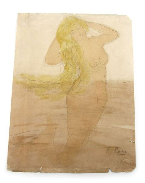 SIGNED ORIGINAL AUGUSTE RODIN- NUDE MERMAID: 12x9.75 inches. Unframed watercolor and pencil on paper by Auguste Rodin (French 1840-1917) of a nude mermaid with flowing blonde hair. Signed lower right. Overall good condition with fold to the left
