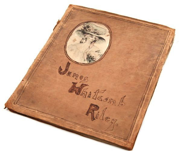ORIGINAL WORK BY JAMES WHITCOMB RILEY: Leather bound short book of poems and stories with artwork. Four water colours 2 are signed "A Harness". 9.5 inches by 11.5 inches. Dated 12-25-08.