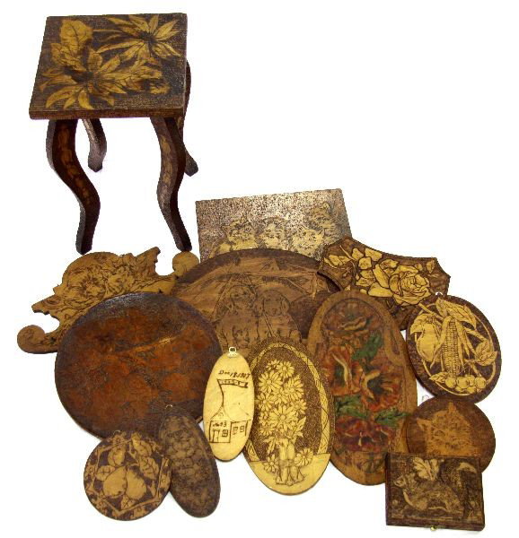 14 PIECES OF FLEMISH FOLK ART TABLE BOX PLAQUES: Included is a lovely folk art table 15 inches tall and 10 inches square on top. Also included is a small box with a squirrel imprinted on the lid and 12 mixed motif wall plaques.
