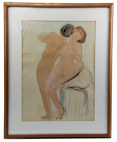 ORIGINAL WATERCOLOR SIGNED AUGUSTE RODIN-NUDES: 29.5x24 framed. Image size 22x16 inches. Pencil and watercolors on paper. Study of two nudes by Auguste Rodin (French 1840-1917). Signed in pencil "A Rodin" in lower right. From a private estate colle