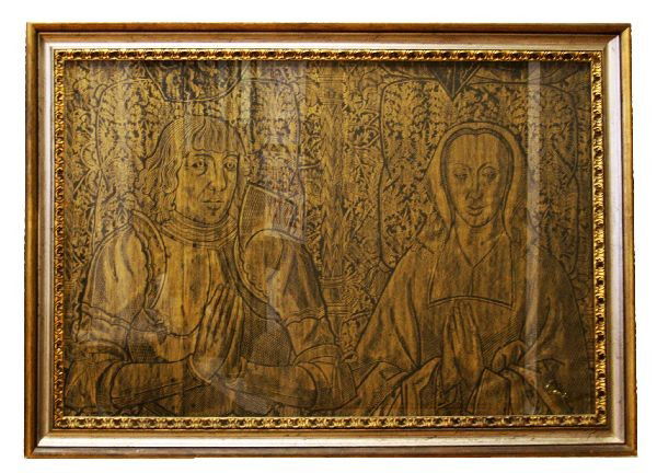 FRAMED BRASS PLATE RUBBING OF JEHAN DE LIKERKE: 29x42.75 inches framed. Rubbing taken from a brass plate inside the Cathedral of Sauveur, in Bruges, Belgium. Rubbing depicts Jehan De Likerke and his wife Jhane de la Douve from the 16th Century. Ver