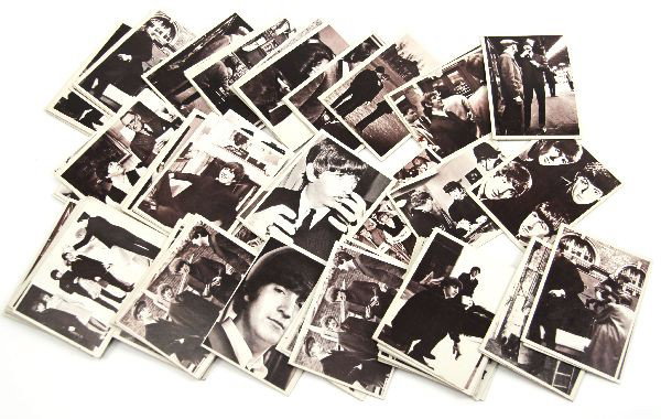 COMPLETE SET BEATLES HARD DAYS NIGHT CARDS PLUS: These trading cards were printed by T.C Gum company in the U.S. in 1964. They are in B&W. Included are cards 1-55 plus 29 extra duplicates and triplicates. All are in good condition and some are very 