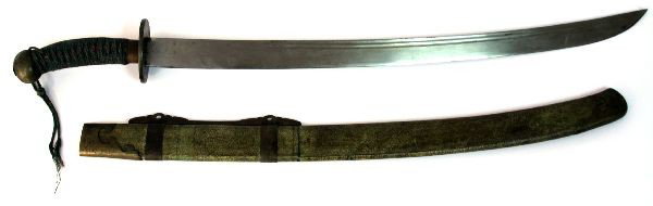CHINESE DAO STYLE SWORD WITH SCABBARD: Chinese Dao style saber, with 26 inch double fullered blade. No markings on blade. Brass guard and hilt. Wood scabbard covered with sharkskin, with brass throat, chape, and bands. Exact age unknown, a