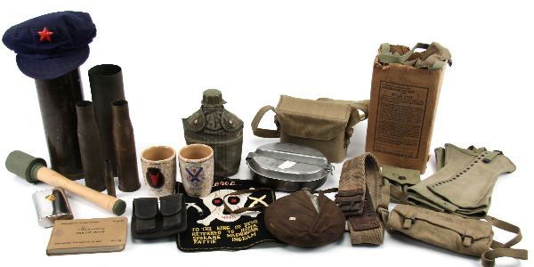 MIXED LOT OF MILITARY RELATED ITEMS-US WEB GEAR: To include: Non combatant Gas mask dated 1943 MIB. Webbing items, spats, British 1941 binoculars case, 303 MK1 Spare parts wallet, 1942 dated US mag pouch. US water bottle in canvas case, a round, met