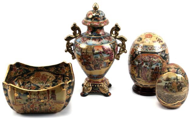 ROYAL SATSUMA 4 PIECE GROUPING: ROYAL SATSUMA 4 PIECE GROUPING A collection of Royal Satsuma to include 2 eggs 9 and 6 inches, 14 inch ginger jar, and a 9 inch diameter bowl.