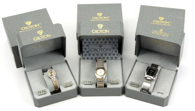 3 NEW IN BOX LADIES CROTON DRESS & SPORT WATCH L: A group of 3 new in box croton watches all ladies dress and sport styles, including a genuine diamond dress watch, all 3 only need new batteries and they are ready to work, a retail value of $800.