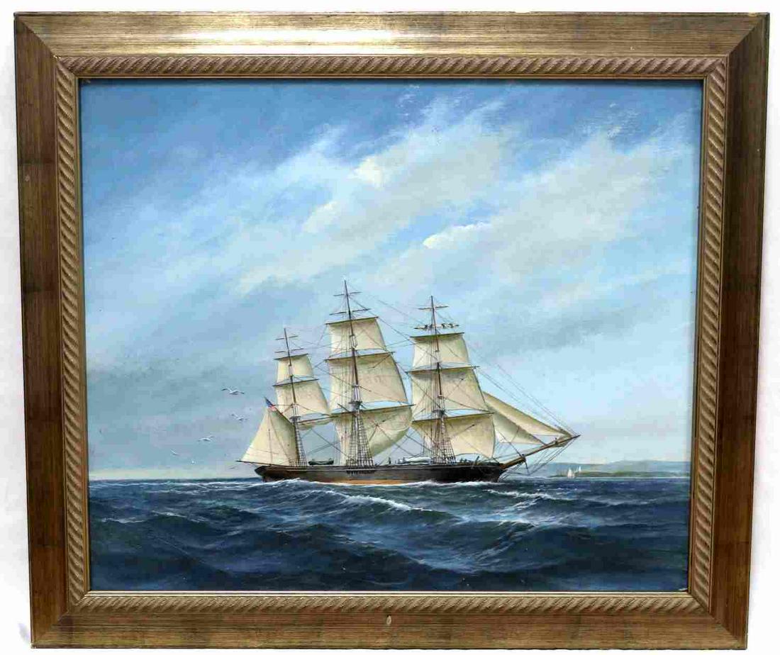 CHARLES LUNGREN MARITIME NAUTICAL OIL PAINTING: Original oil on masonite dated 1981 by Charles Lundgren (American, 1911 - 1988) Title: Herald of the Morning. Dimensions: approx 22x26 inches, framed total 27x31 inches. In very fine condition.