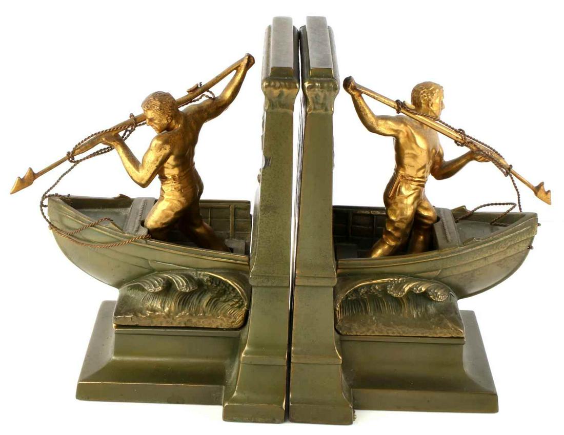 JENNINGS BROS. BOOKENDS DEAD WHALE OR A STOVE BOAT: "In honor of the Whale Men whose skill, hardihood and Daring brought Fame and fortune to New Bedford and made its name known in every Seaport on the globe" on reverse, gilt surface Harpooner, each sta