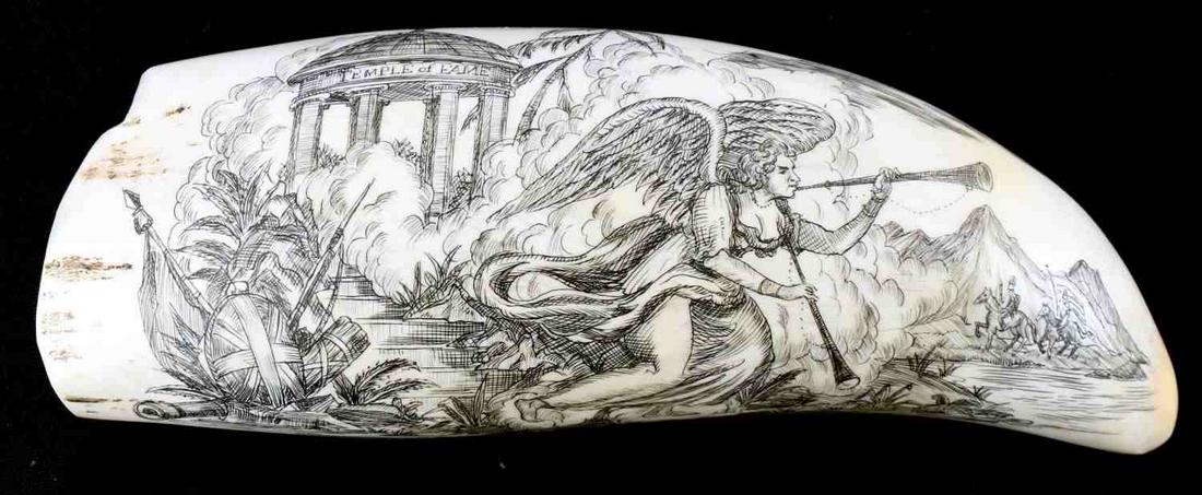 ANTIQUE WHALE TOOTH SCRIMSHAW BEN FRANKLIN: Measuring along the curve 7 inches, detailed scrimshaw, Franklin quote "Where Liberty Dwells There is my Country", reverse Pope's Poem scene Temple of Fame. 19th Century.
