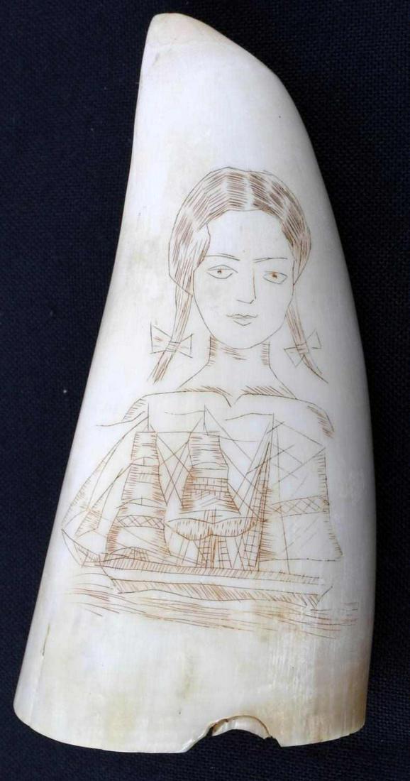 WHALE TOOTH SCRIMSHAW MASONIC SYMBOL & SWEETHEART: 19TH Century whale tooth depicting sweetheart behind whaling vessel Masonic symbol reverse. Measures 4 inches, weight 3.88 ounces, small chip at base.
