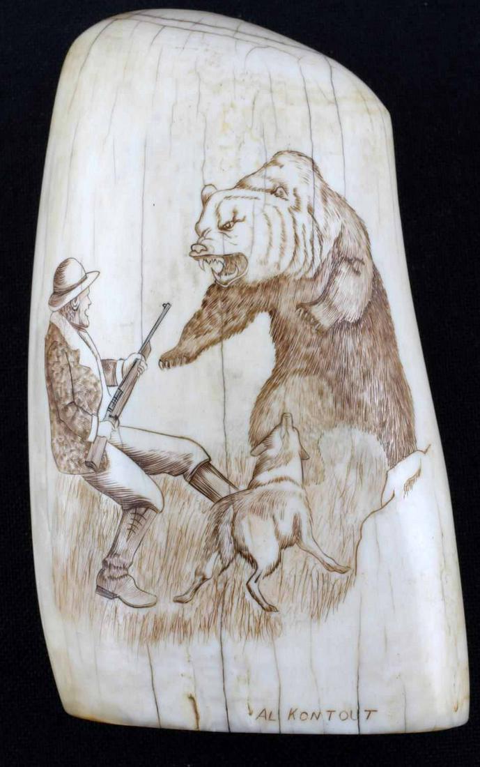 AL KONTOUT WHALE TOOTH SCRIMSHAW DOG & GRIZZLY: Connecticut scrimshaw artist Al Kontout signed 3 3/4 inches 7.12 ounces, great detail, Bolt action rifle, dog and humped back Grizzly.