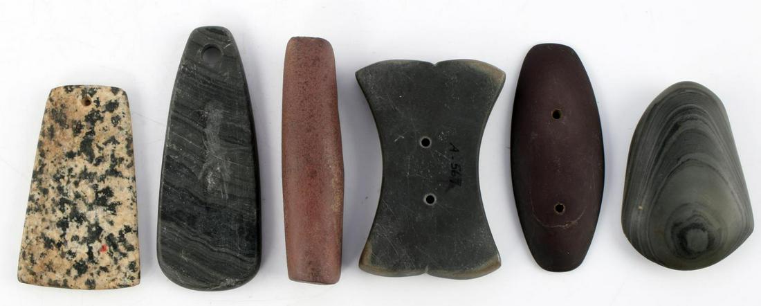 NATIVE AMERICAN GORGET PENDANT AMULET ARTIFACTS: Lot features 6 Native American gorgets, pendants, and amulets. Some from previous collections J.M. Museum, Ripley, and Bob Converse. Stone construction. Adena style, Woodland period, found in Ohio. Me