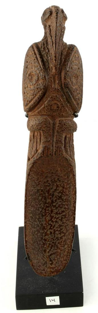 PRE COLUMBIAN TAINO BIRD COHOBA WOODEN SCOOP: Taino wooden cohoba scoop with full figure bird handle. The long legs and beak suggest this may be a shore bird. Scoops this size were likely used at large regional gatherings where liberal amounts of