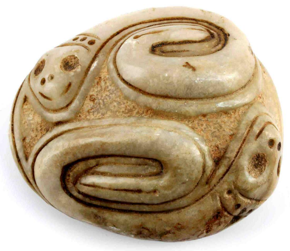 PRE COLUMBIAN TAINO TWIN SNAKE CEMI STAMP: Taino twin snake Cemi/stamp. Snakes symbolized water and fertility. Base has interlocking bird heads, associated with weather, primarily rain and wind. Marble. Hispaniola. From a private Florida colle
