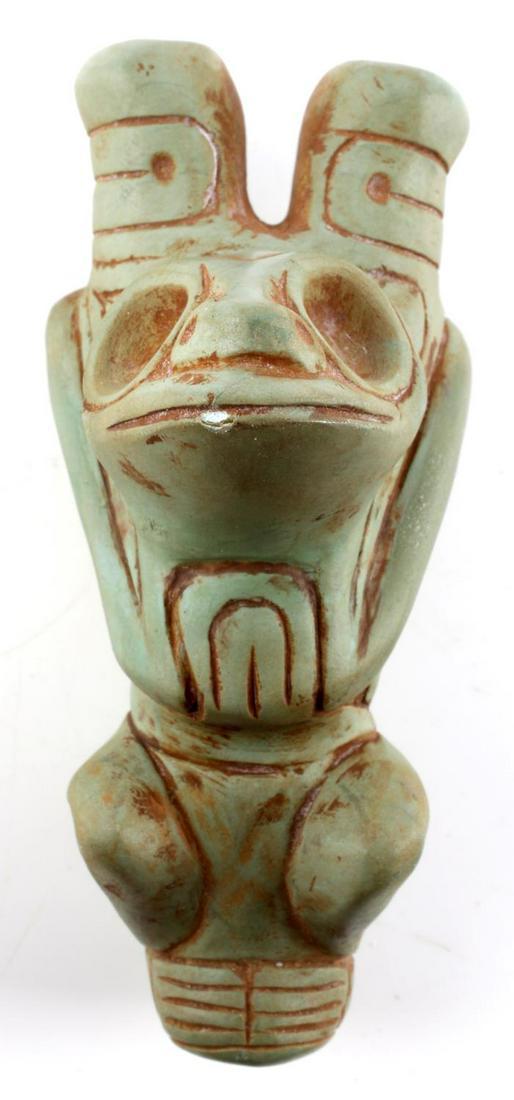 PRE COLUMBIAN TAINO ANTHROPO ZOOMORPHIC INHALER: Taino Anthropo-zoomorphic cohoba inhaler. A secondary ghost or spirit figure emerges from back. Made from a turquoise-colored rhyolite, found only in the Dominican Republic. About 3 3/4 X 1 1/2 inches