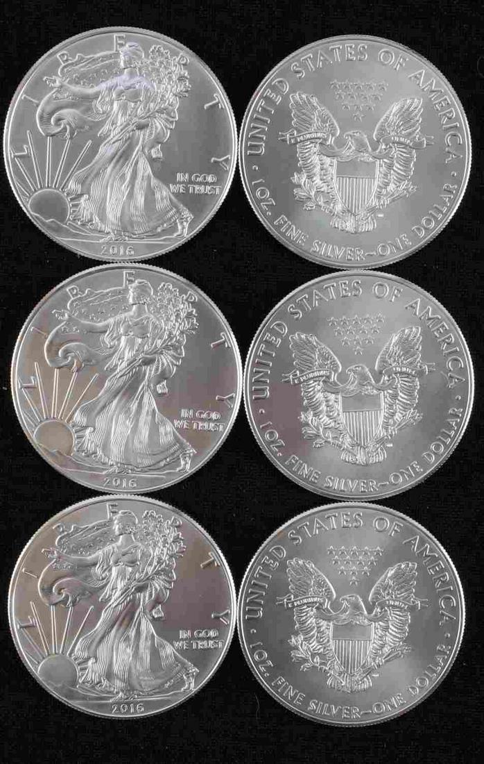 6 AMERICAN EAGLE 1 OZ SILVER COINS BU: Brilliant uncirculated fine silver coins.