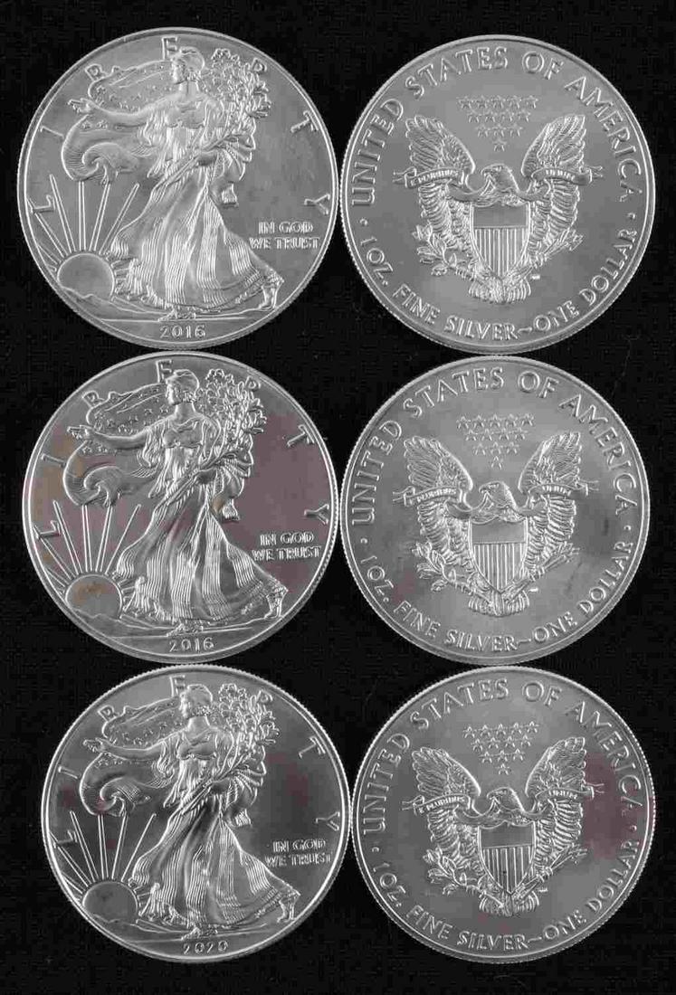 6 AMERICAN EAGLE 1 OZ SILVER COINS BU: Brilliant uncirculated fine silver coins
