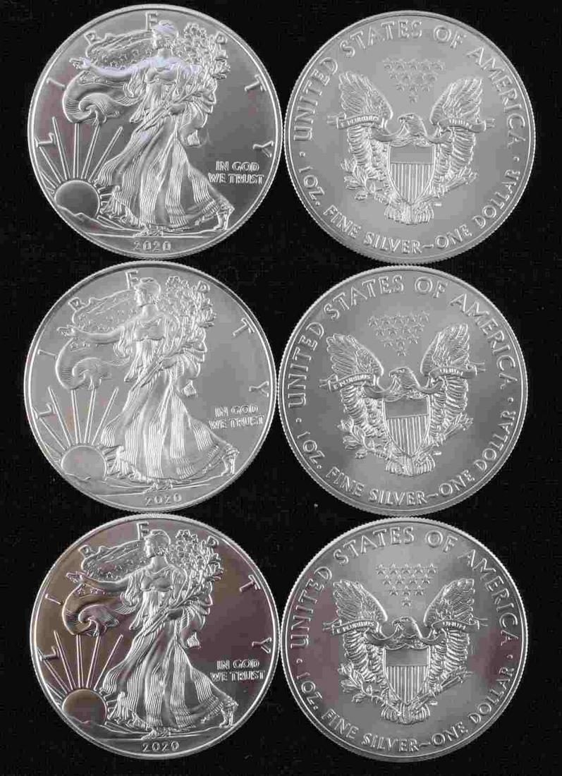 6 AMERICAN EAGLE 1 OZ SILVER COINS BU: Brilliant uncirculated fine silver coins