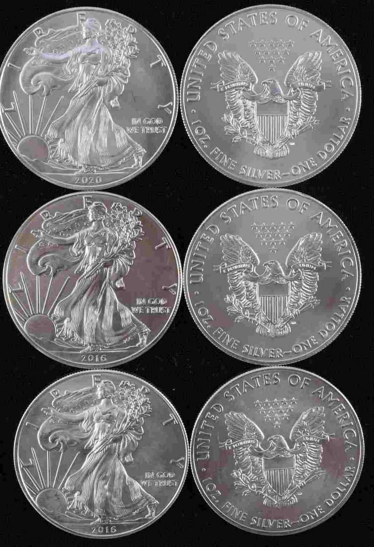6 AMERICAN EAGLE 1 OZ SILVER COINS BU: Brilliant uncirculated fine silver coins