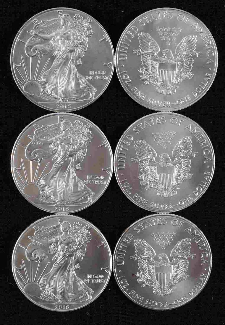 6 AMERICAN EAGLE 1 OZ SILVER COINS BU: Brilliant uncirculated fine silver coins