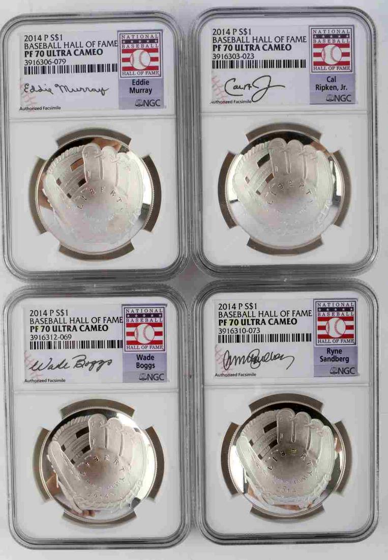 4 BASEBALL HALL OF FAME NGC PF70 SILVER DOLLAR LOT: 4 2014 Baseball Hall of Fame silver dollar commemoratives all NGC encapsulated Proof 70, Cal Ripken, Ryne Sandberg, Wade Boggs, Eddie Murray.