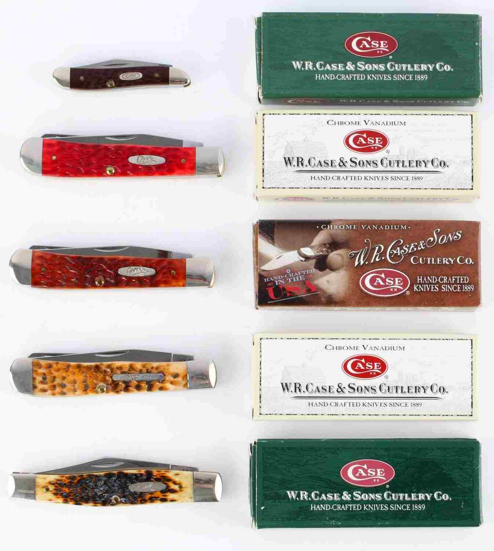 5 CASE XX POCKET KNIFE LOT TRAPPER JACK & PEANUT: Pre owned, like new in original boxes. Lot includes: 00083 6233 SS Module 7 brown Peanut, 07011 6254 CV chestnut Trapper, 08473 8254 SS amber Trapper, 06984 6254 CV dark red Trapper, 6175 SS antique J