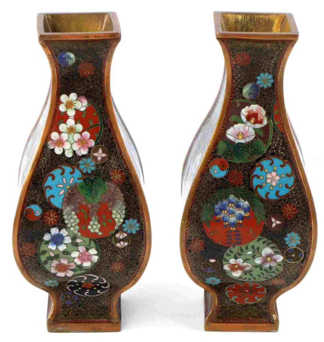 2 MEIJI PERIOD JAPANESE CLOISONNE ENAMEL VASES: Pair of Antique Japanese Cloisonne vases with butterfly, lotus, floral and grape cluster motif. Height 7 5/8 inches. In very good condition, no cracks or loss.