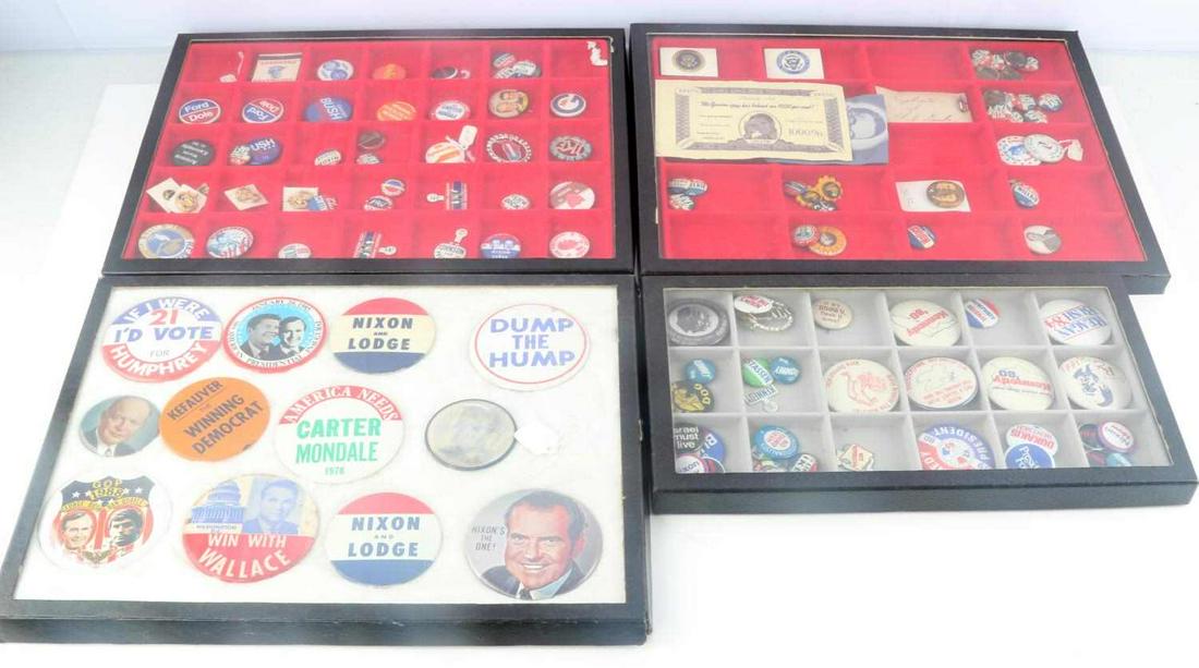 OVER 120 POLITICAL PINBACK BUTTON LOT TAFT TO BUSH: Measures 3 1/2inches down to 1 inch, great variety of buttons, Taft, FDR, Nixon, Ike, Carter, Romney 68, JFK, Humphrey, Wilkie, Carter, Harding, McGovern, Wilson and more, contained in Riker cases.