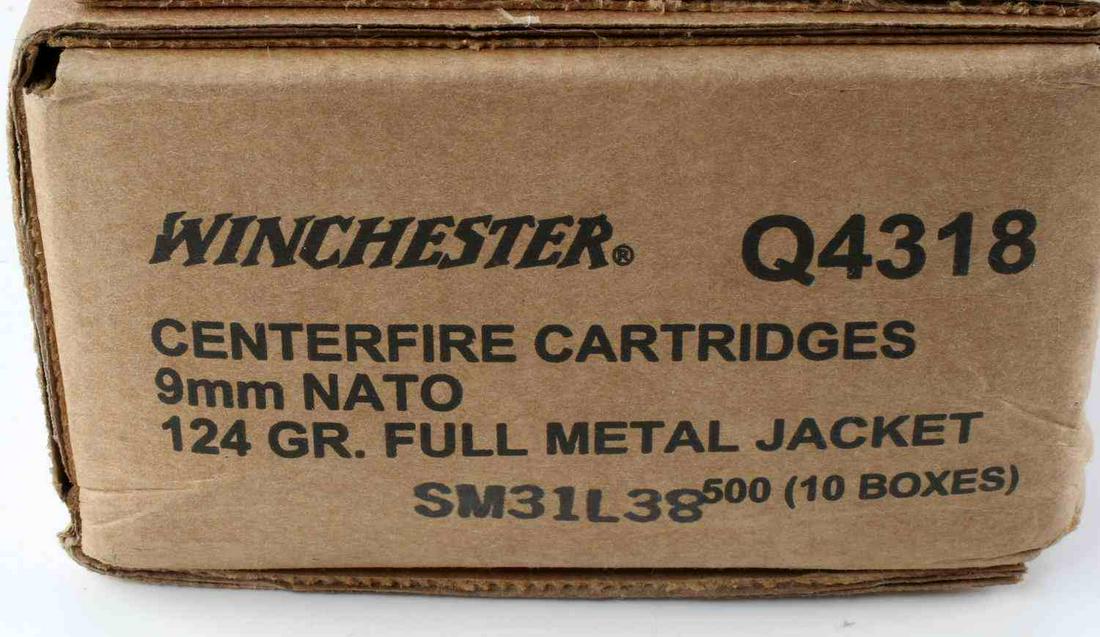 500 ROUNDS 9MM NATO 124 GR CENTERFIRE FMJ AMMO: Winchester brand 9mm NATO 124 grain full metal jacket. 10 boxes of 50 centerfire cartridges.
