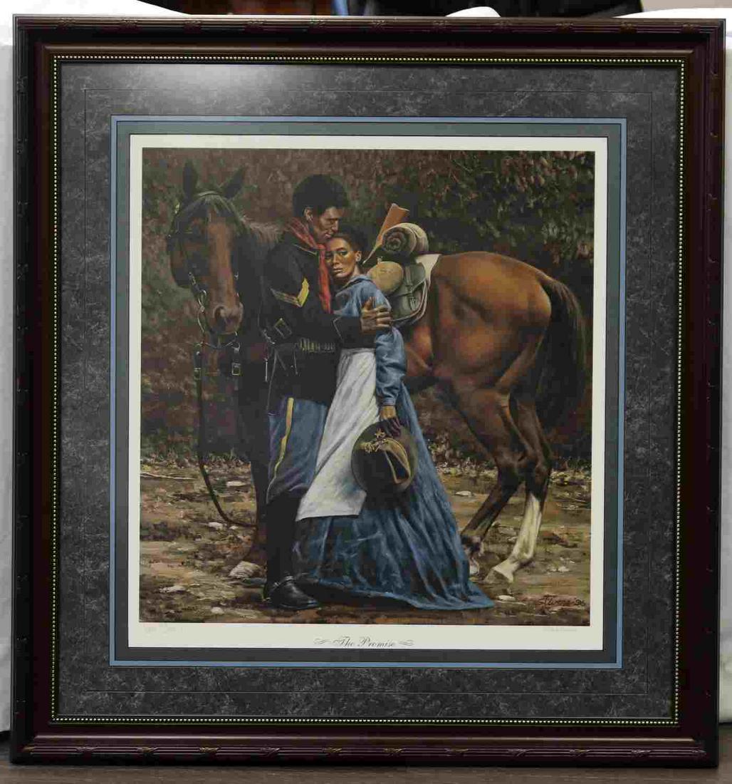 DON STIVERS THE PROMISE BUFFALO SOLDIER LITHOGRAPH: 1996 Printed, 1422/5000 with COA, frame measures 29 by 31 inches, lithograph 19 by 21 inches.