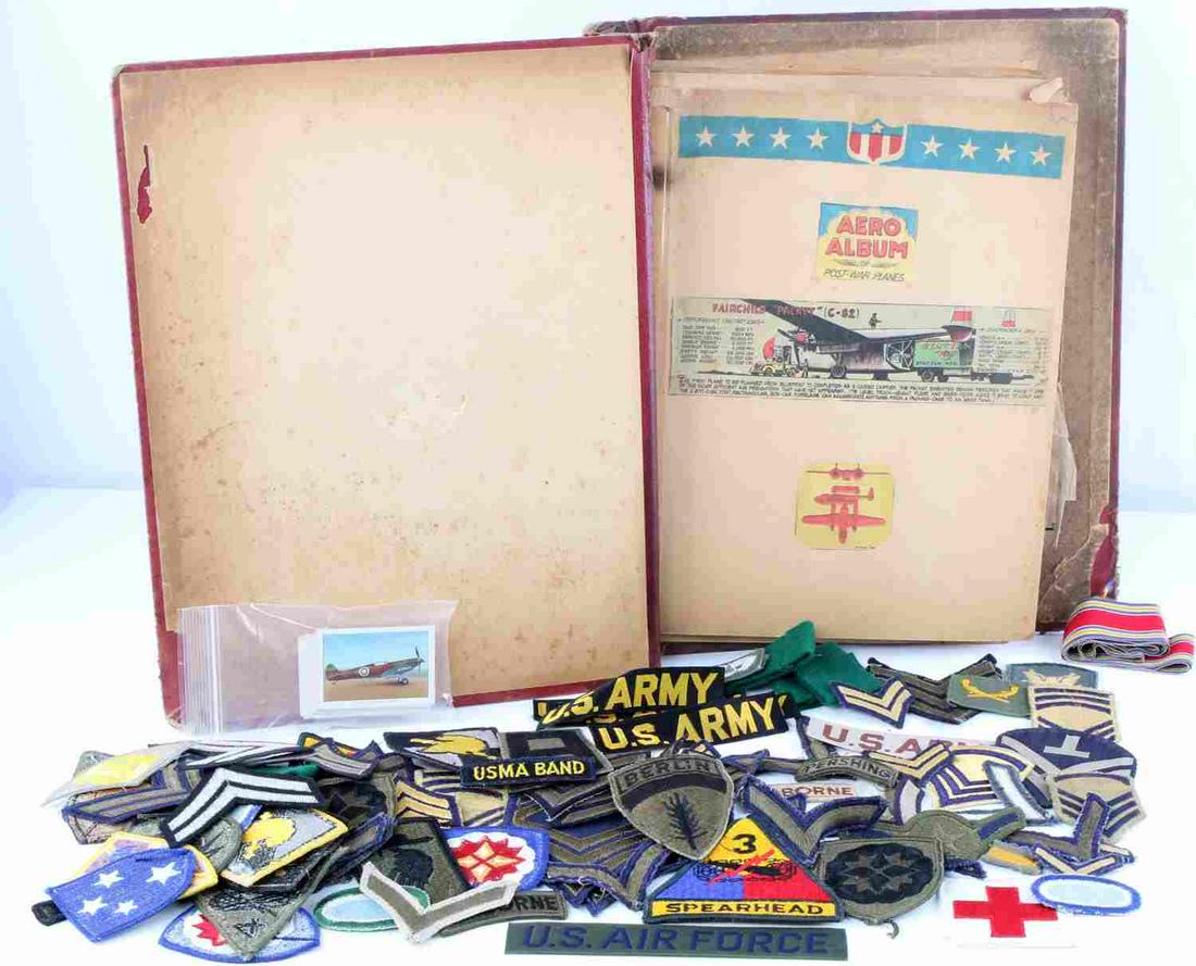 WWII VARIETY LOT PATCHES PHOTOGRAPHS CARDS RIBBONS: Lot features a variety of mostly WWII memorabilia. Ribbons, cigarette cards, aircraft photographs, and patches. Some from post WWII. Some patches include corporal and sergeant ranks, institution patch