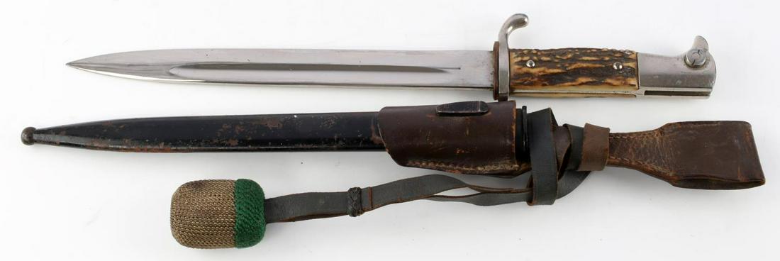 WWII GERMAN THIRD REICH DRESS BAYONET W STAG GRIP: With rifleman's knot, stag grip, leather frog, very good Alcoso maker blade, dent free scabbard, but some paint loss.
