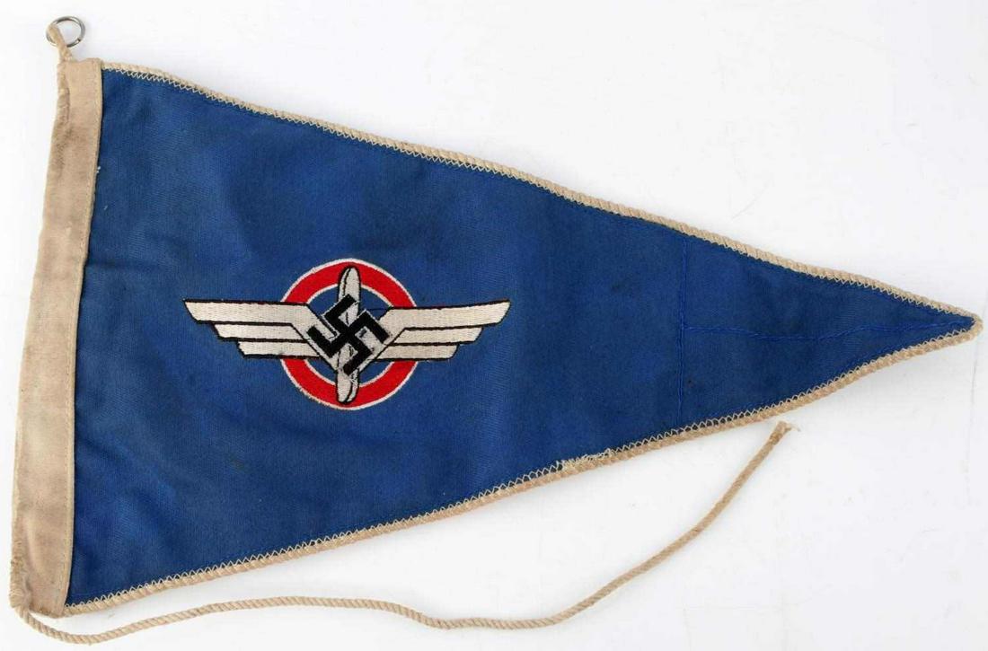 WWII GERMAN THIRD REICH DLV AIR SPORT PENNANT FLAG: Early DLV air sports pennant with blue DLV insignia on both sides. Measures about 13 1/2 inches long. In very good condition. Does not fluoresce under blacklight. Minor fraying on rope with staining. 