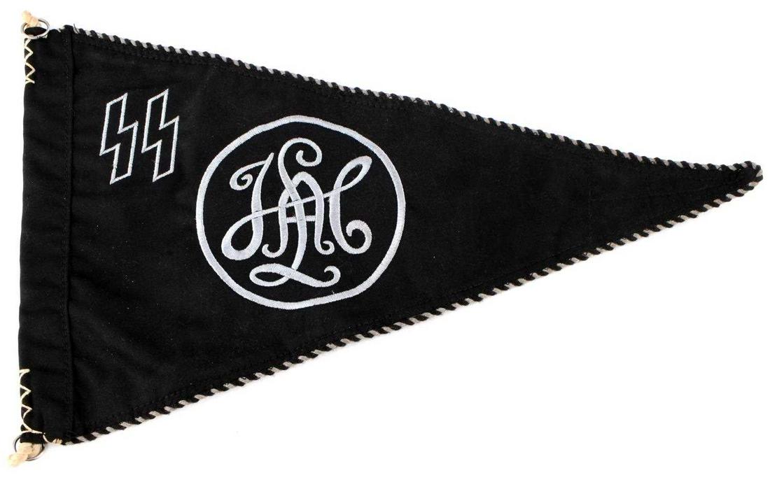 WWII GERMAN THIRD REICH SS LAH PENNANT FLAG: WWII German Reich SS LAH pennant flag. Alternating white and black trip with SS runes and LAH embroidered on both sides. Very good condition. Measures 14 inches. Reinforcement panel at end to prevent 