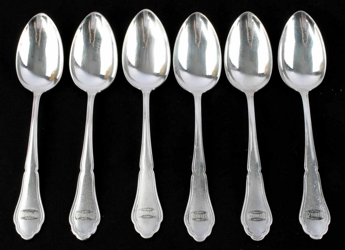 WWII MAUSER FACTORY SILVER PLATE WELLNER SPOONS: Six serving spoons with Mauser etched at end, 8.5 inches, marked Wellner patent 90 45 to back. Very good condition.