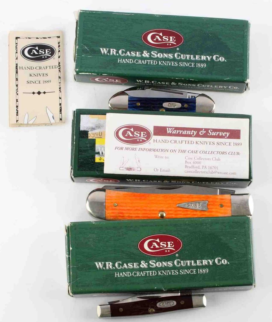 CASE KNIFE TRAPPER PEANUT & CANOE LOT OF 3: 3 Case knives, Pre owned, like new and in original boxes. Lot includes 00046 6220 SS Peanut, 07982 6454SS Tangerine Trapper and 02822 62132 MM Blue Canoe.