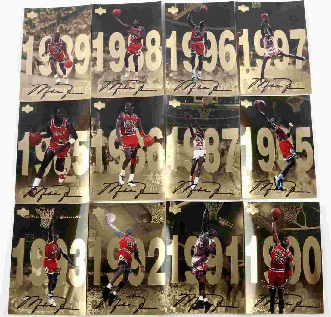 12 1998 UPPER DECK MICHAEL JORDAN HIGHLIGHT CARDS: Complete set of 1998 Upper Deck Michael Jordan career highlight cards. 12/12 cards. The cards detail Jordan's career highlights from 1985-1997 with the Chicago Bulls. Very good condition overall with 