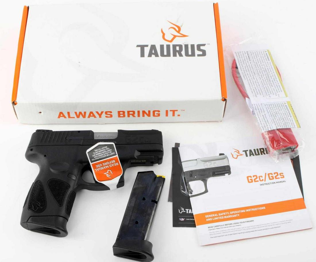 TAURUS G2C 9MM SEMI AUTOMATIC PISTOL: Taurus G2C 9mm Pistol with Polymer grip, Steel ramp front sight and an adjustable 2-dot rear sight, Semiautomatic DA/SA action with 12 round capacity, bright clear bore and manual safety. Dimensions: 